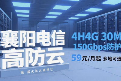 襄阳电信高防云：4H4G 30M配傲盾防火墙，150Gbps防护59元起！